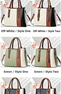 Detail view of stylish color-block tote bags with pebble grain texture and shoulder straps