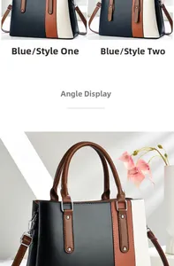 Detail showing tricolor leather handbag with metallic studs and adjustable shoulder strap