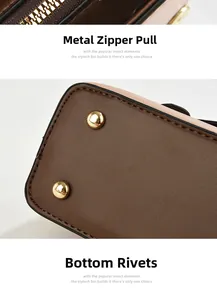 Détails de la fermeture dorée et des rivets de protection sur le sac bicolore