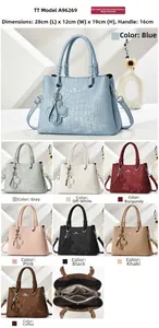 Detail view of crocodile pattern handbag showing multiple colors and interior structure