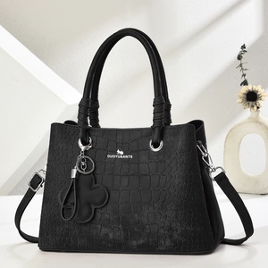 Women Handbag Crocodile Pattern PU Leather Crossbody Bag With Adjustable Strap Flower Charm Fashionable Versatile Tote