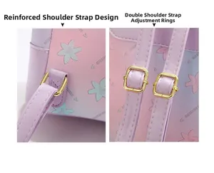 Detail of reinforced backpack straps with gold metal adjustment buckles and floral print