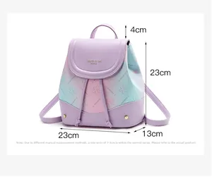Detailed size specifications for a purple gradient maple leaf printed mini backpack