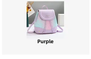 Detail of gradient purple mini backpack with floral print and gold snap fasteners