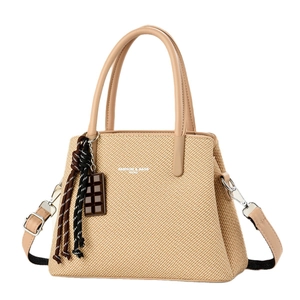 Beige woven crossbody bag with leather trim and fun charms for women's daily commute