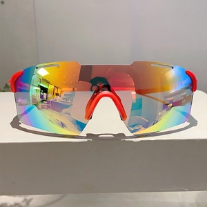 Outdoor sports cycling sunglasses with red frame and colorful rainbow coated lenses