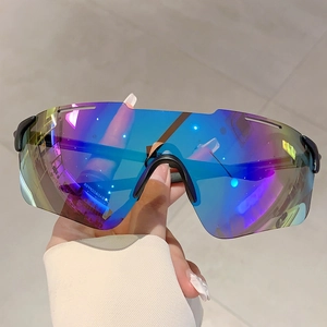 Detail of colorful mirrored lenses and lightweight black frame for cycling sunglasses