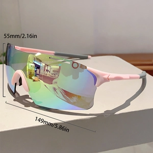 Outdoor sports sunglasses with pink frame and size specs of 55mm height and 149mm width