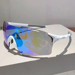 Detail of white sport sunglasses with large blue-purple gradient mirrored lens on stone