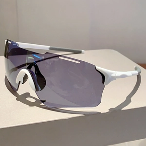 Detail of white cycling sunglasses with non-slip temples and anti-wind grey lenses