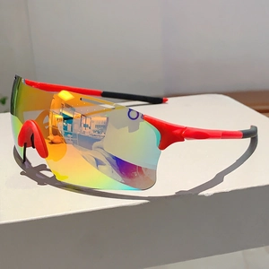 Outdoor sports cycling sunglasses with red frame and colorful reflective mirrored lenses