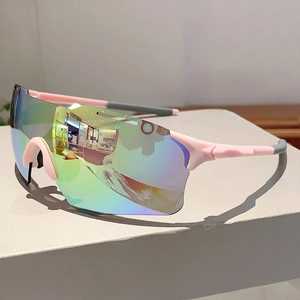 Pink cycling sunglasses featuring a large colorful mirrored lens and non-slip temple tips