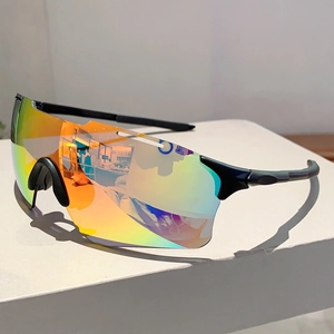 Close-up of polarized colorful mirror coating on outdoor cycling sunglasses