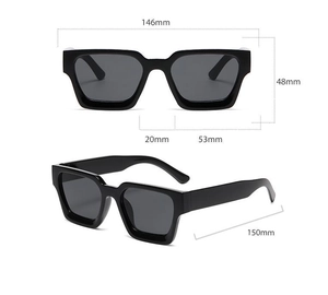 Tableau des tailles détaillé pour lunettes de soleil carrées noires avec mesures