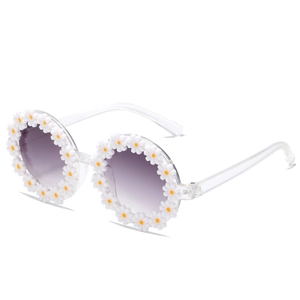 Cute round flower daisy sunglasses with white petals and purple gradient lenses for kids