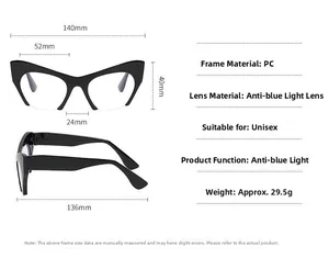 Detailed size specifications and dimensions for these vintage cat-eye anti-blue light glasses