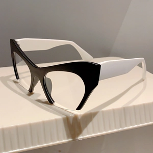 Detail view of cat eye semi-rimless glasses with black and white contrast frames