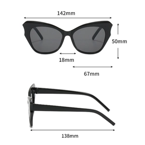 Front and side detailed views of black cat-eye sunglasses with precise frame dimensions
