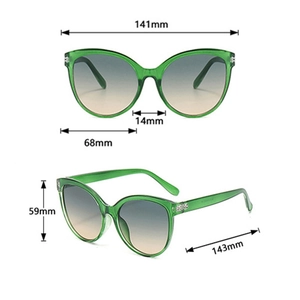 Detailed dimension guide for green cat eye sunglasses with gradient lenses