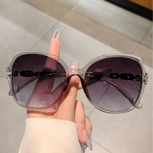 Chic oversized square sunglasses with gradient purple lenses and chain metal temple detail