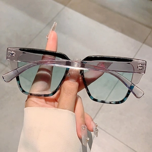 Detail of square oversized sunglasses with gradient lenses and clear grey frames