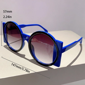 Detailed dimensions of blue contrast round sunglasses with 147mm width and 57mm height