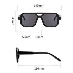 Detailed technical drawing showing dimensions of these square black frame sunglasses