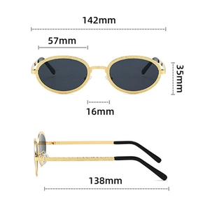 Detailed dimensions of oval retro metal sunglasses with 142mm frame width and grey lenses