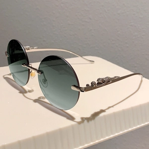 Occhiali Da Sole Rotondi Senza Montatura Aste In Metallo Con Leopardo Lenti PC Sfumate Protezione UV400 Stile Vintage Di Lusso