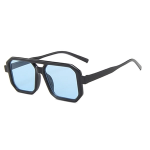 Retro square black frame sunglasses with light blue lenses and double bridge design