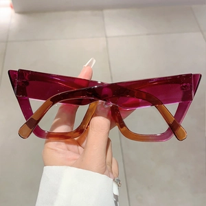 Detailed close-up of cat-eye frames featuring a purple and amber gradient finish