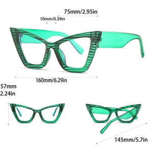 Detailed dimension chart for green cat-eye glasses frame with 160mm total width