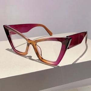 Detail of cat eye glasses frame showing purple to orange gradient and transparent texture