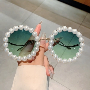 Damen Runde Sonnenbrille Mit Metallrahmen Und Kunstperlenbesatz UV400 Schutz Farbverlaufsgläser Retro Mode Brille