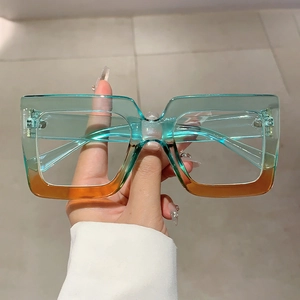 Chic square frame blue light blocking glasses with green and amber gradient finish