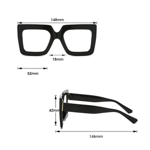 Detailed size chart of black square frame glasses with total width and temple measurements