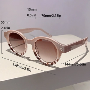 Detailed size guide of retro round sunglasses showing frame and lens dimensions
