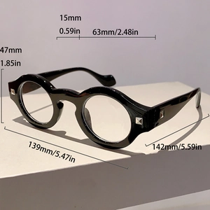 Detailed size chart for retro round frame glasses showing precise lens and bridge dimensions