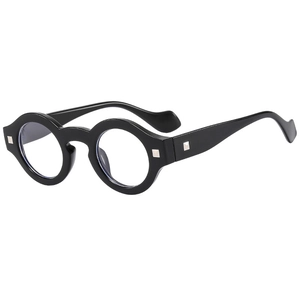 Retro black round frame glasses with silver rivets and blue light blocking lenses