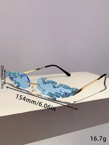Blue flame-shaped rimless sunglasses with rhinestone details and metal frame