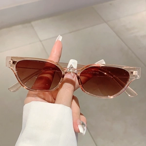 Detail view of champagne cat-eye sunglasses with gradient lenses and model number