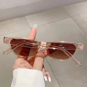Detailed view of amber cat eye sunglasses frame with UV protection dark lenses