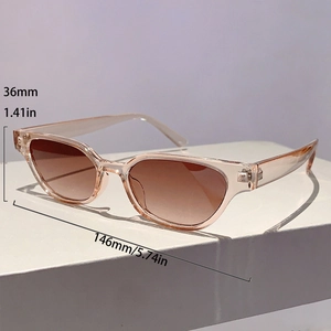Champagne pink oval sunglasses with tea gradient lenses and precise frame dimensions