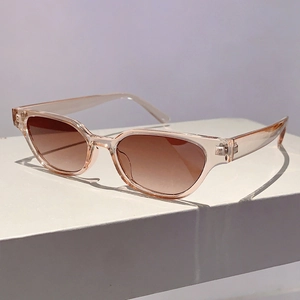Close-up of cat-eye sunglasses with transparent pink frames on a white display stand