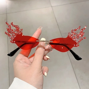 Flame Rimless Sunglasses Rhinestone Sparkly Metal Frame UV400 Protection Party Fashion Irregular Eyewear For Women