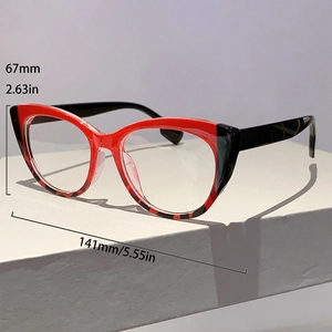Detailed view of red and black cat-eye glasses frame with size 141mm width and 67mm height