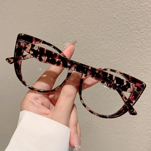 Detail of trendy cat-eye leopard print frame glasses showing thick texture and gloss