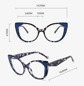 Detailed dimension guide for cat-eye leopard print glasses with blue light filter lenses