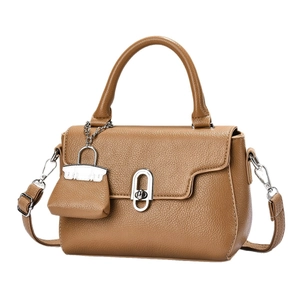 Brown lychee leather handbag with top handle and silver buckle on white background
