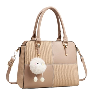 Chic two-tone handbag with woven texture and cute plush charm in beige and khaki color